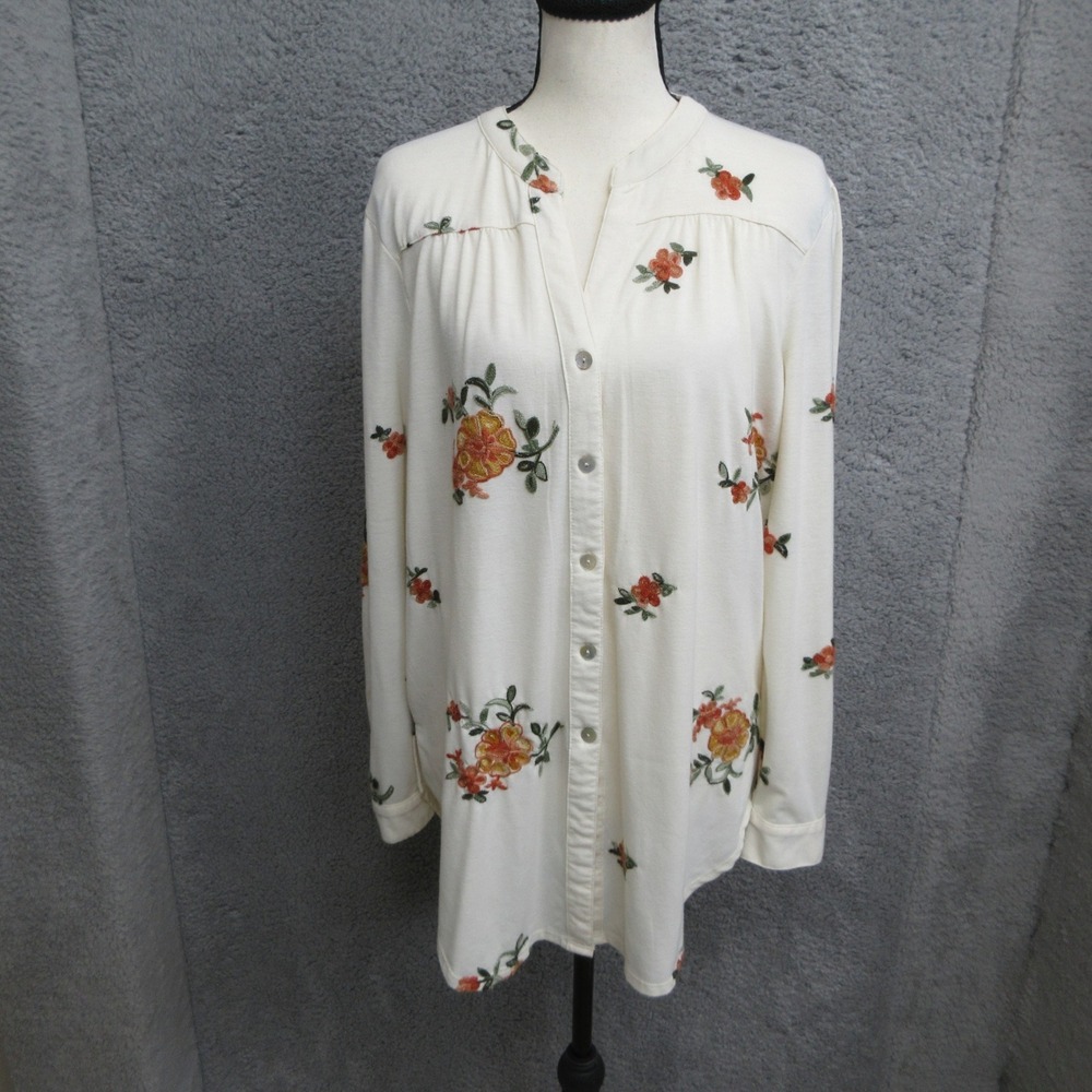 Hope Springs Embroidered Shirt Womens Large Cream Floral Cottagecore Whimsical